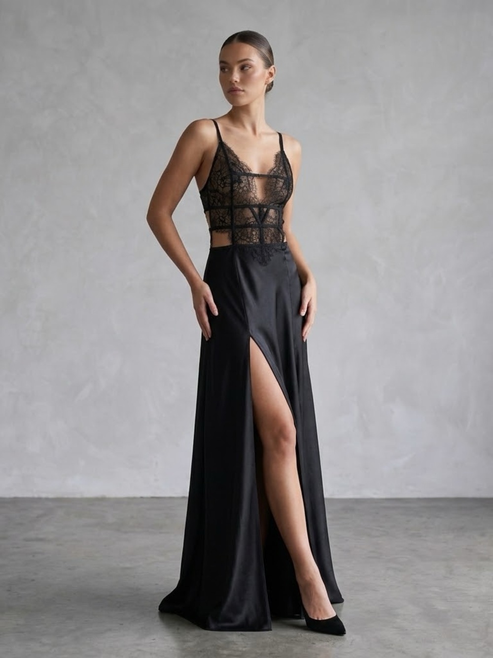 Victoria's Secret Black Lace Bodice Satin Maxi Gown 2016 Vintage y2k